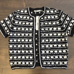 Alice + Olivia Black and White Short-Sleeve Textured Cardigan